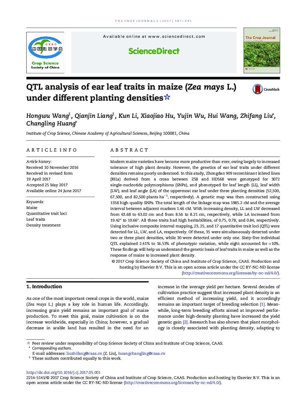 QTL analysis of ear leaf traits in maize (Zea mays L.) under different planting densities