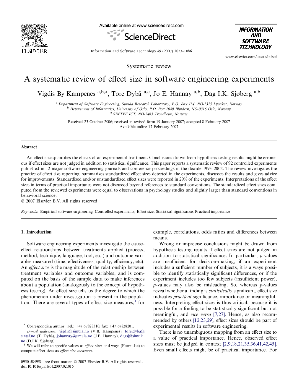 A systematic review of effect size in software engineering experiments