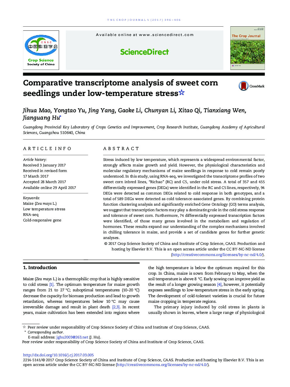 Comparative transcriptome analysis of sweet corn seedlings under low-temperature stress