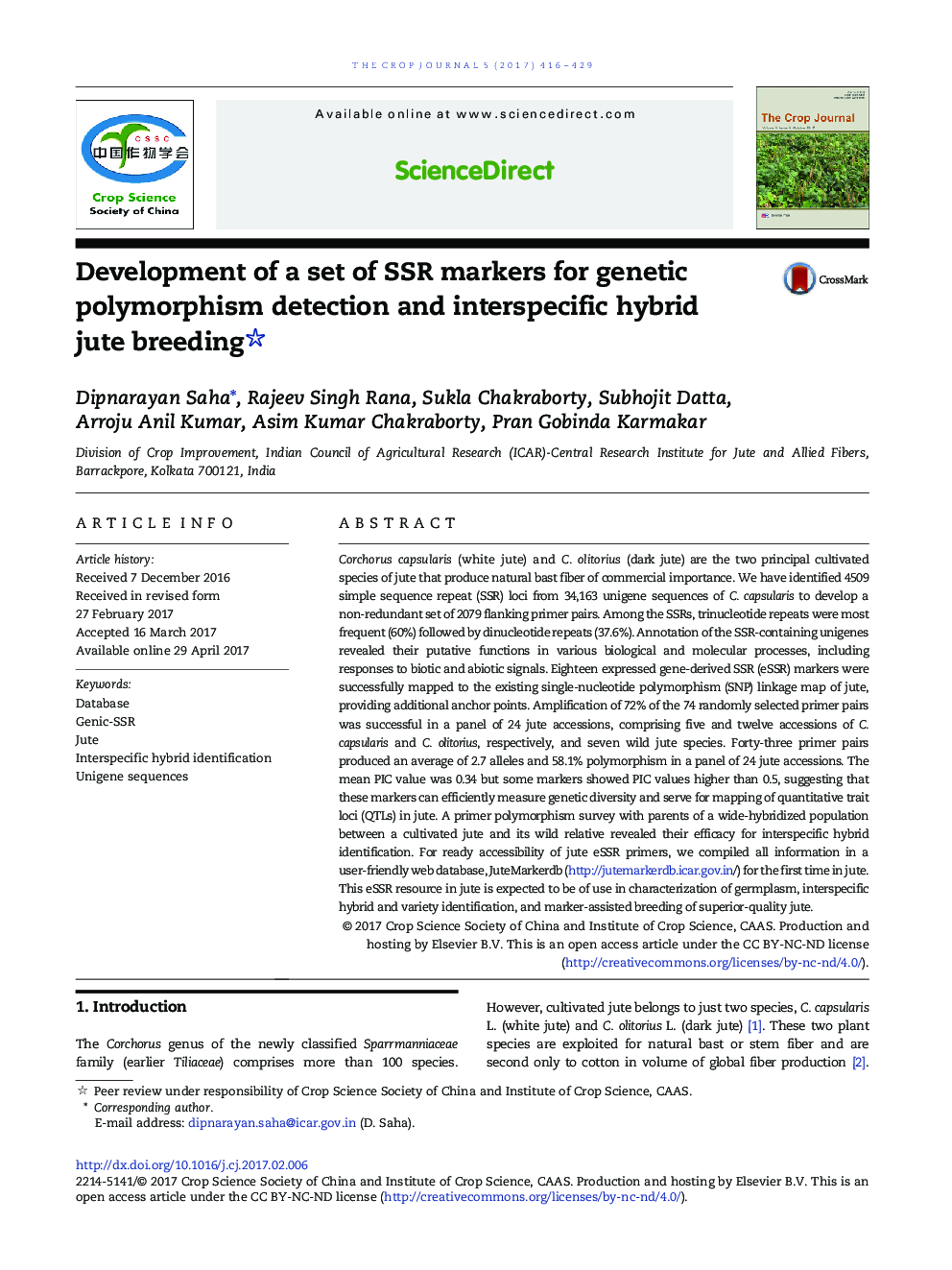 Development of a set of SSR markers for genetic polymorphism detection and interspecific hybrid jute breeding