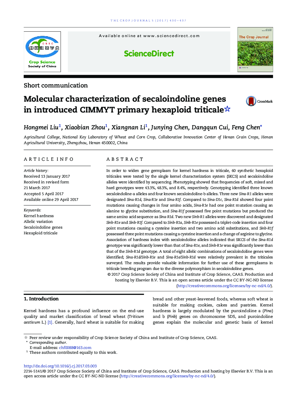 Molecular characterization of secaloindoline genes in introduced CIMMYT primary hexaploid triticale