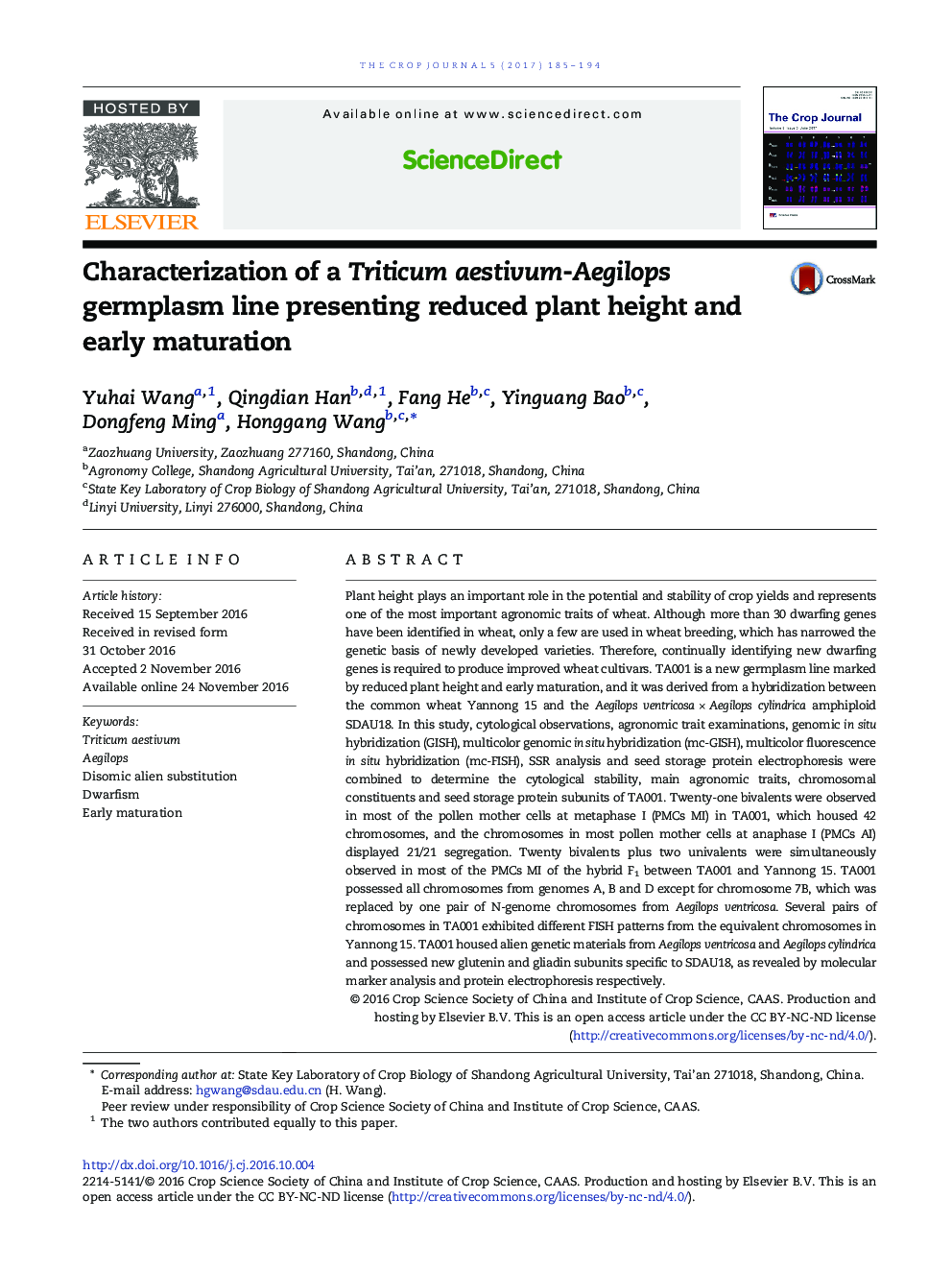 Characterization of a Triticum aestivum-Aegilops germplasm line presenting reduced plant height and early maturation