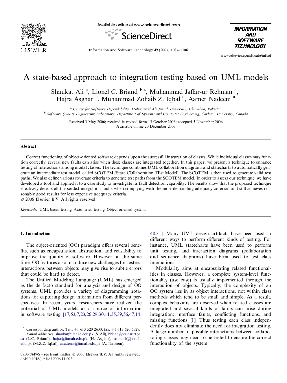 A state-based approach to integration testing based on UML models