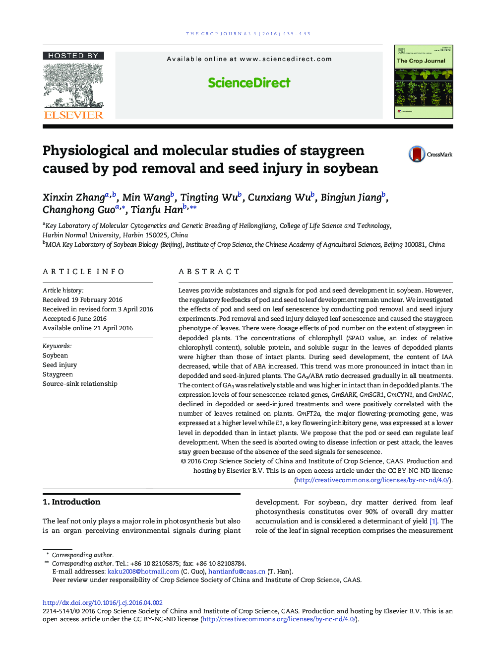 Physiological and molecular studies of staygreen caused by pod removal and seed injury in soybean