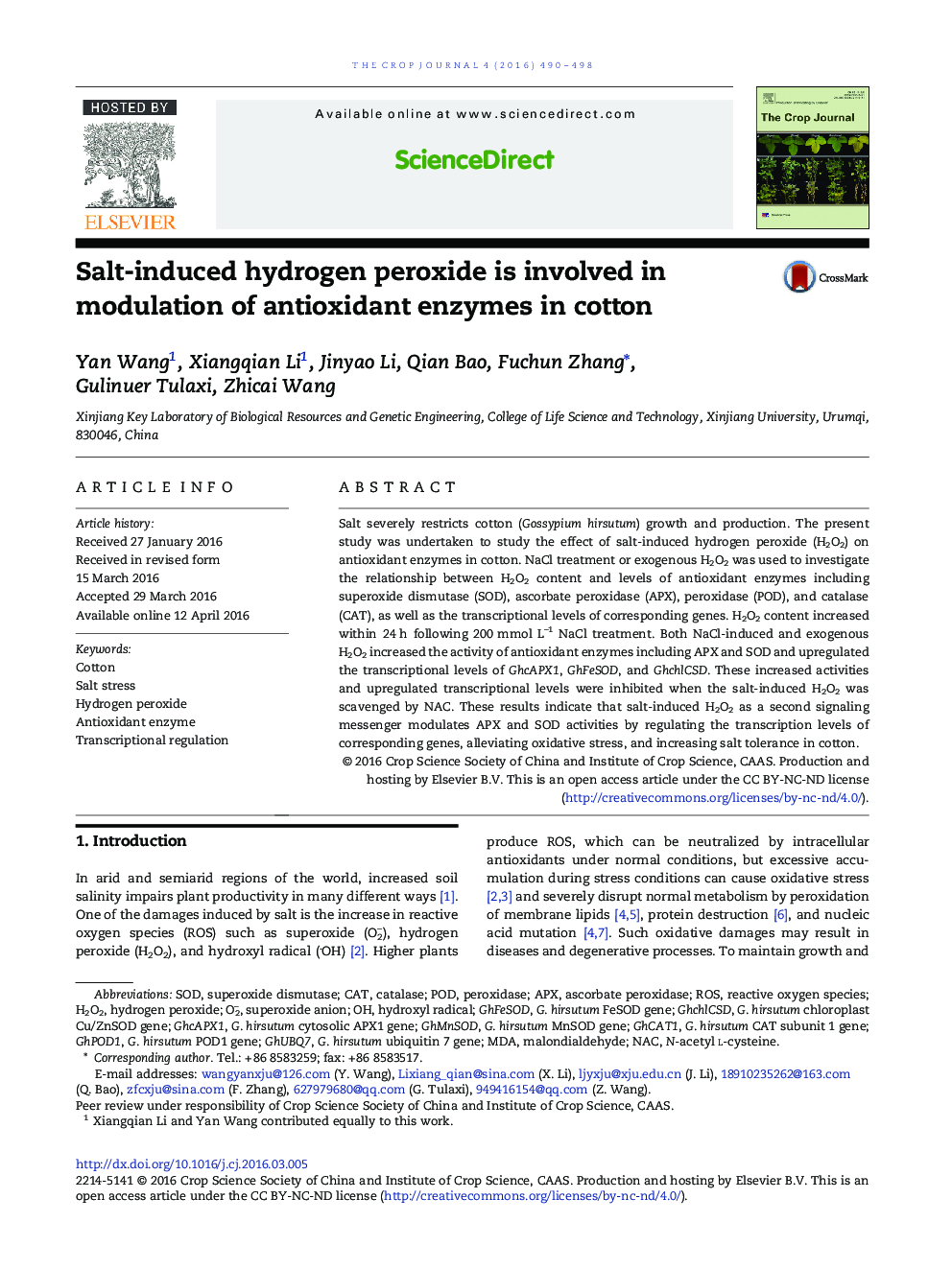 Salt-induced hydrogen peroxide is involved in modulation of antioxidant enzymes in cotton