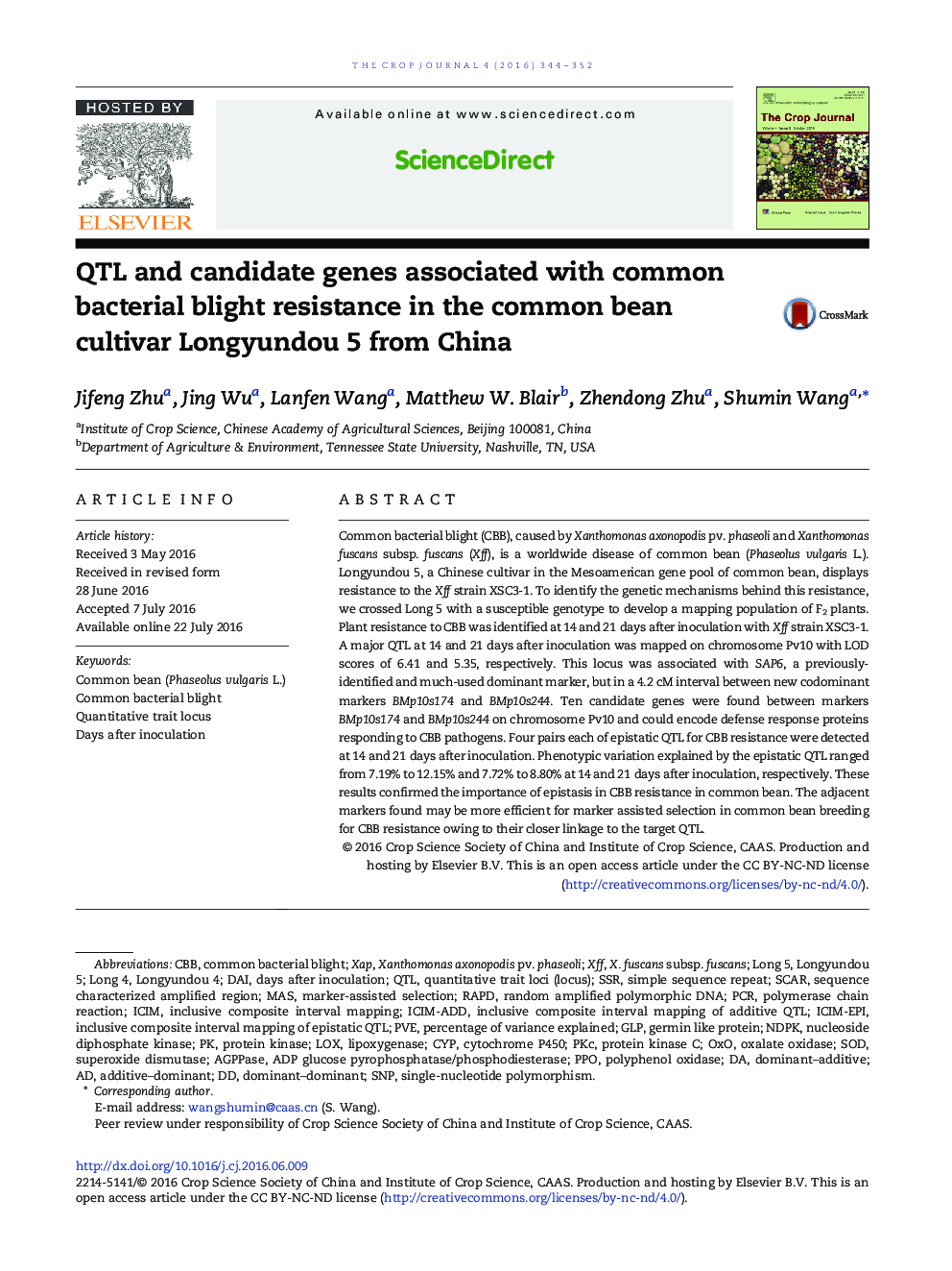 QTL and candidate genes associated with common bacterial blight resistance in the common bean cultivar Longyundou 5 from China