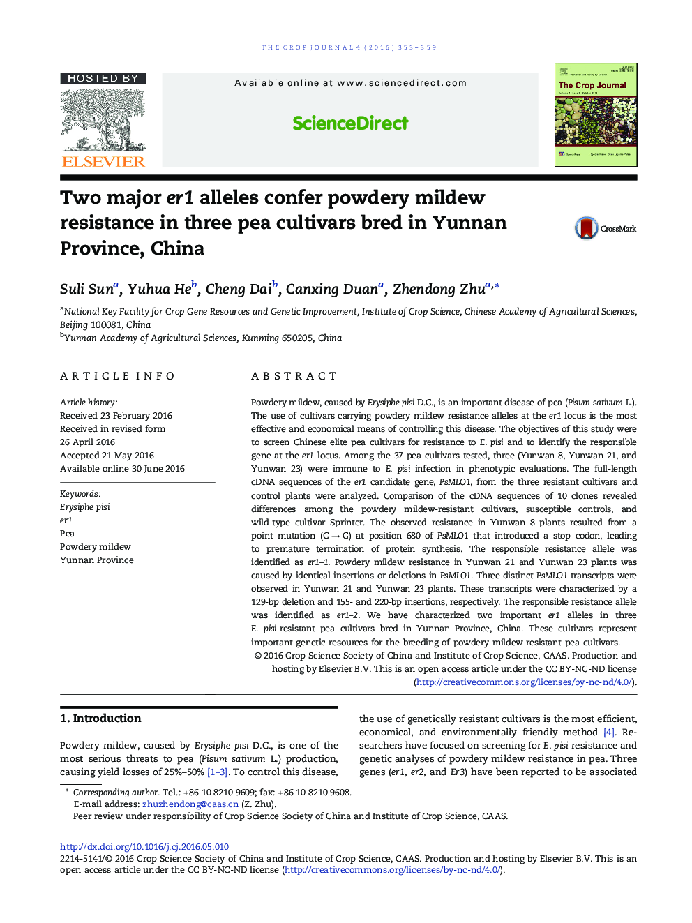 Two major er1 alleles confer powdery mildew resistance in three pea cultivars bred in Yunnan Province, China