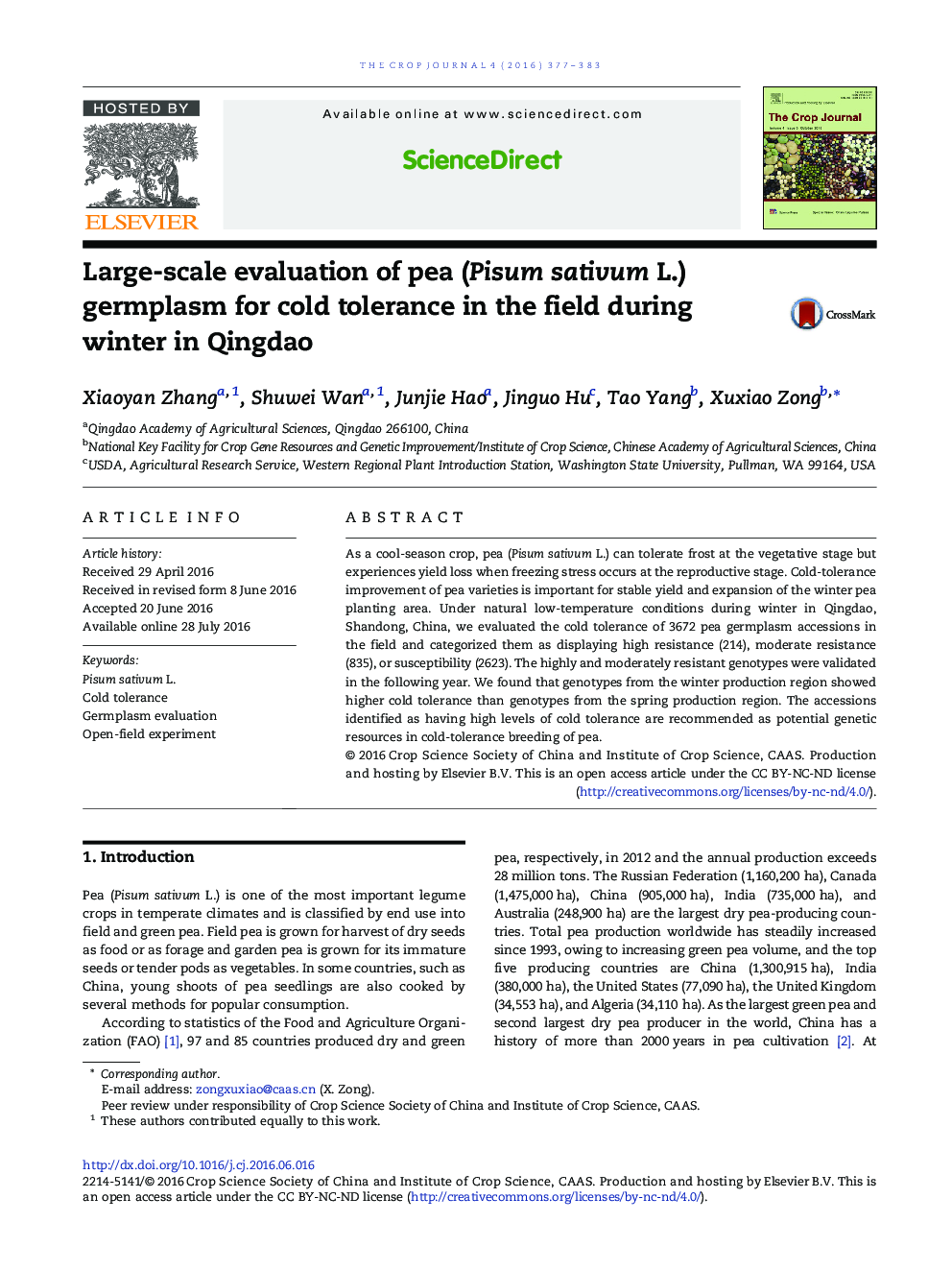 Large-scale evaluation of pea (Pisum sativum L.) germplasm for cold tolerance in the field during winter in Qingdao