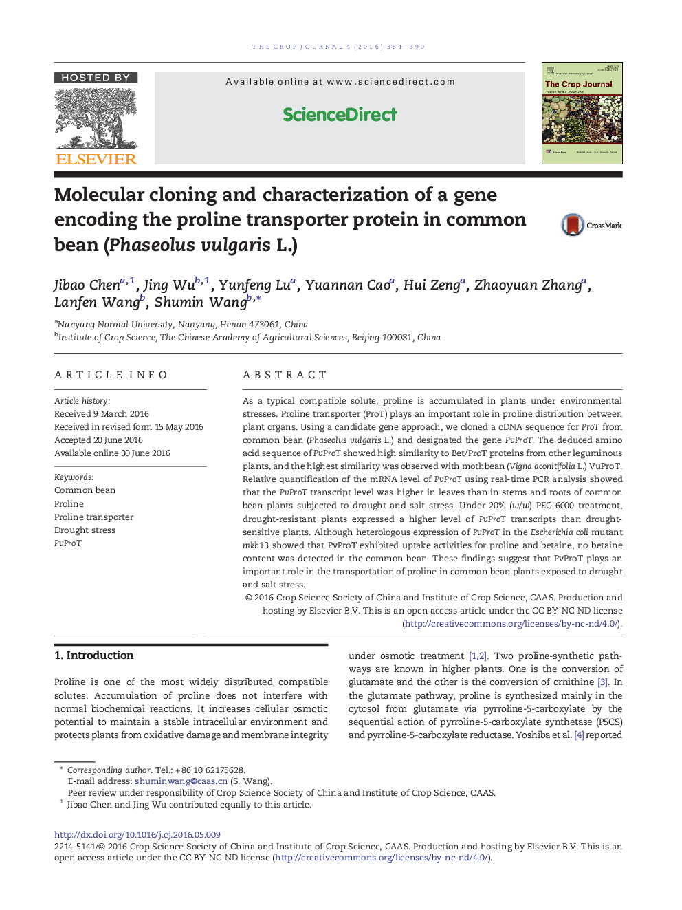 Molecular cloning and characterization of a gene encoding the proline transporter protein in common bean (Phaseolus vulgaris L.)