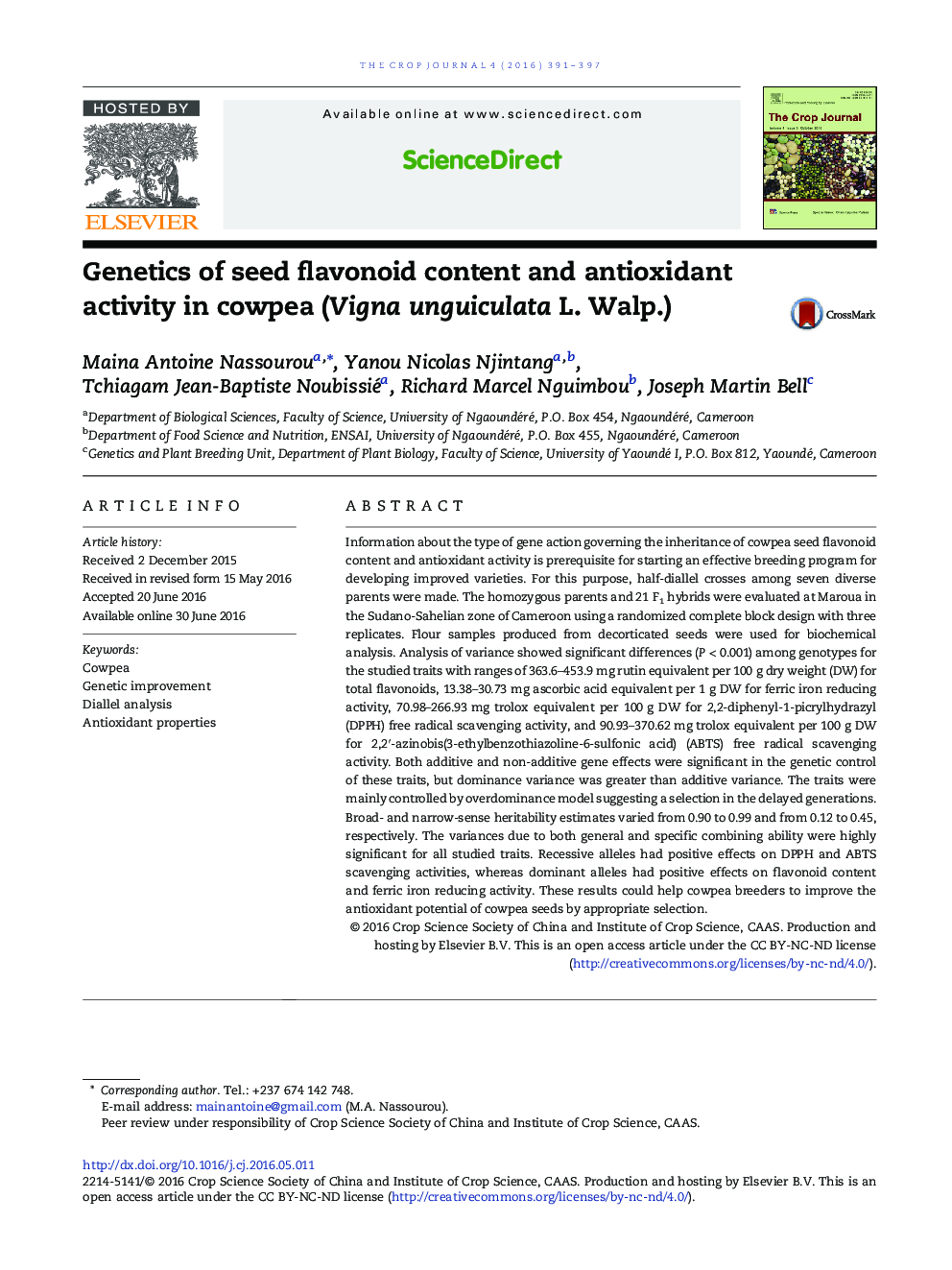 Genetics of seed flavonoid content and antioxidant activity in cowpea (Vigna unguiculata L. Walp.)