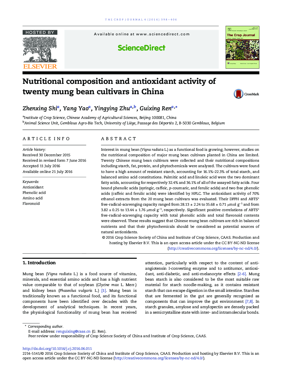 Nutritional composition and antioxidant activity of twenty mung bean cultivars in China