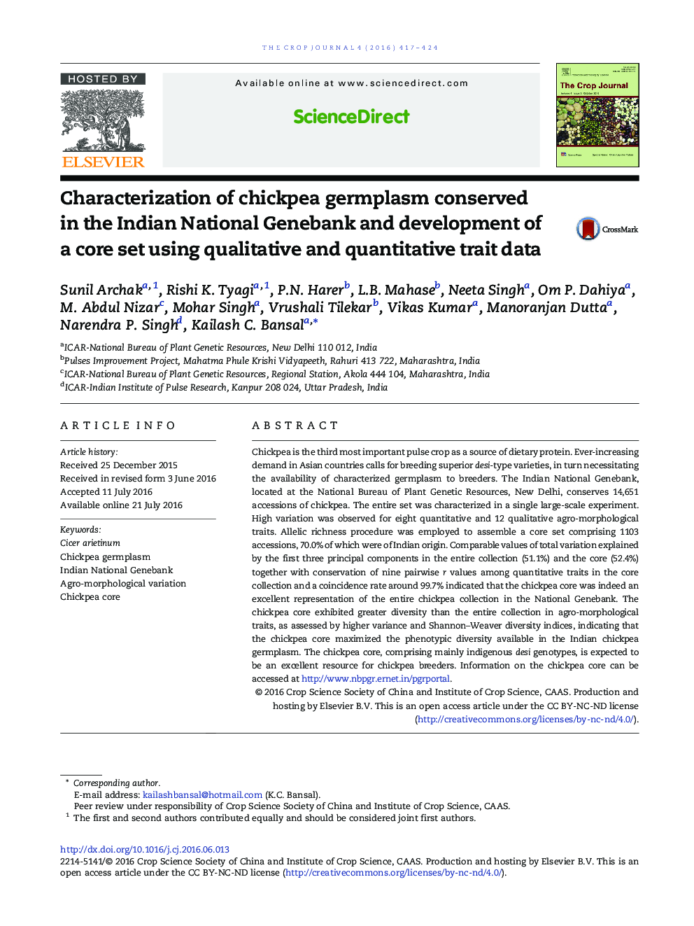 Characterization of chickpea germplasm conserved in the Indian National Genebank and development of a core set using qualitative and quantitative trait data