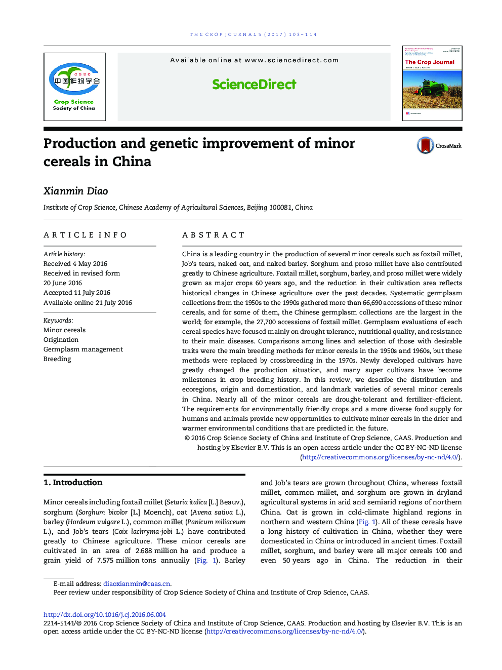 Production and genetic improvement of minor cereals in China