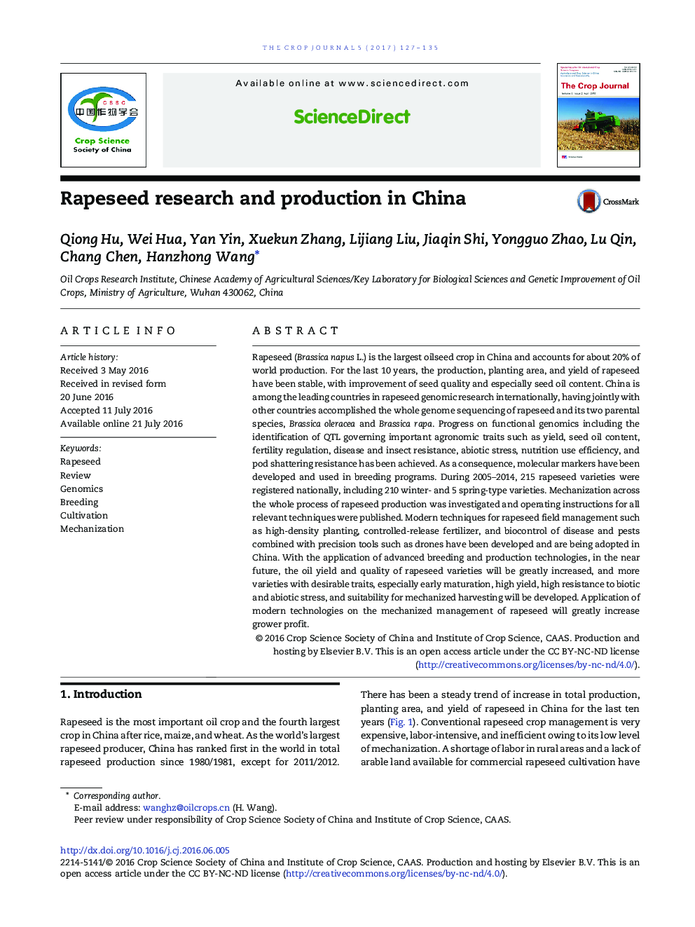 Rapeseed research and production in China