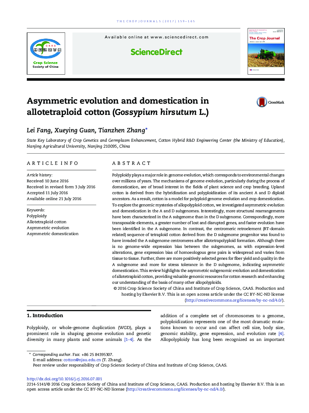 Asymmetric evolution and domestication in allotetraploid cotton (Gossypium hirsutum L.)