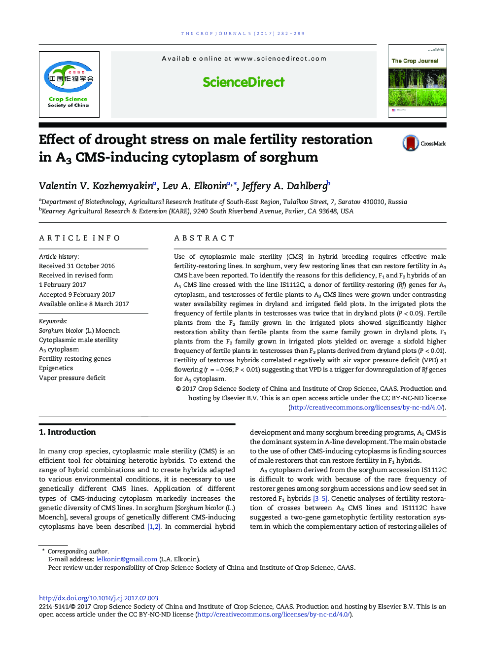 Effect of drought stress on male fertility restoration in A3 CMS-inducing cytoplasm of sorghum