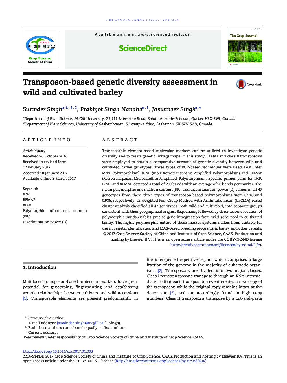 Transposon-based genetic diversity assessment in wild and cultivated barley