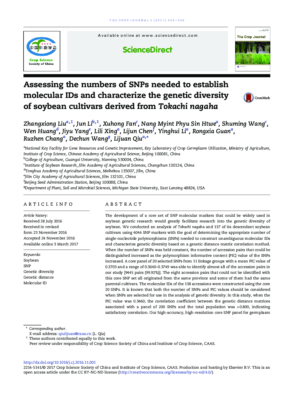 Assessing the numbers of SNPs needed to establish molecular IDs and characterize the genetic diversity of soybean cultivars derived from Tokachi nagaha