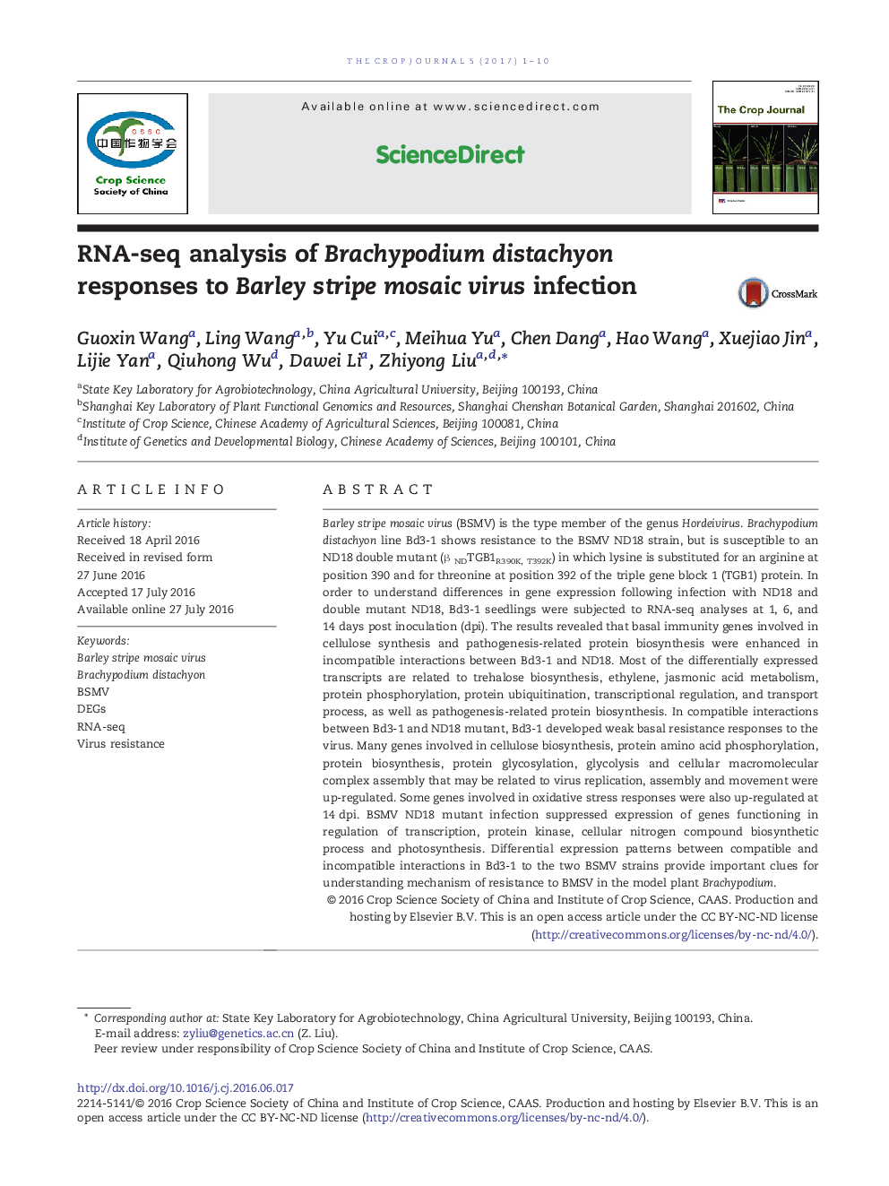 RNA-seq analysis of Brachypodium distachyon responses to Barley stripe mosaic virus infection