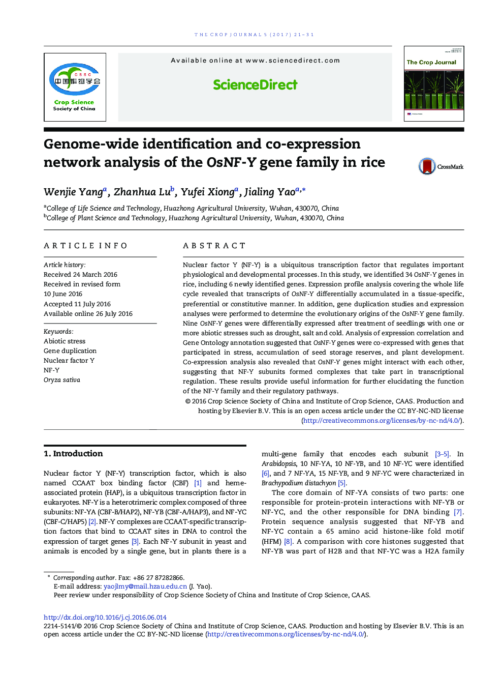 Genome-wide identification and co-expression network analysis of the OsNF-Y gene family in rice