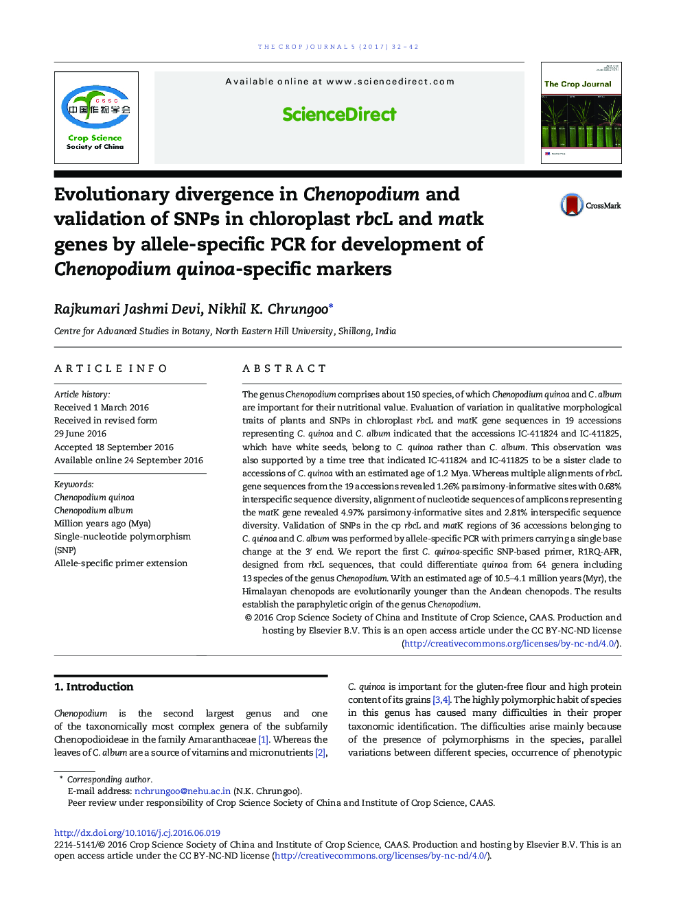 Evolutionary divergence in Chenopodium and validation of SNPs in chloroplast rbcL and matk genes by allele-specific PCR for development of Chenopodium quinoa-specific markers