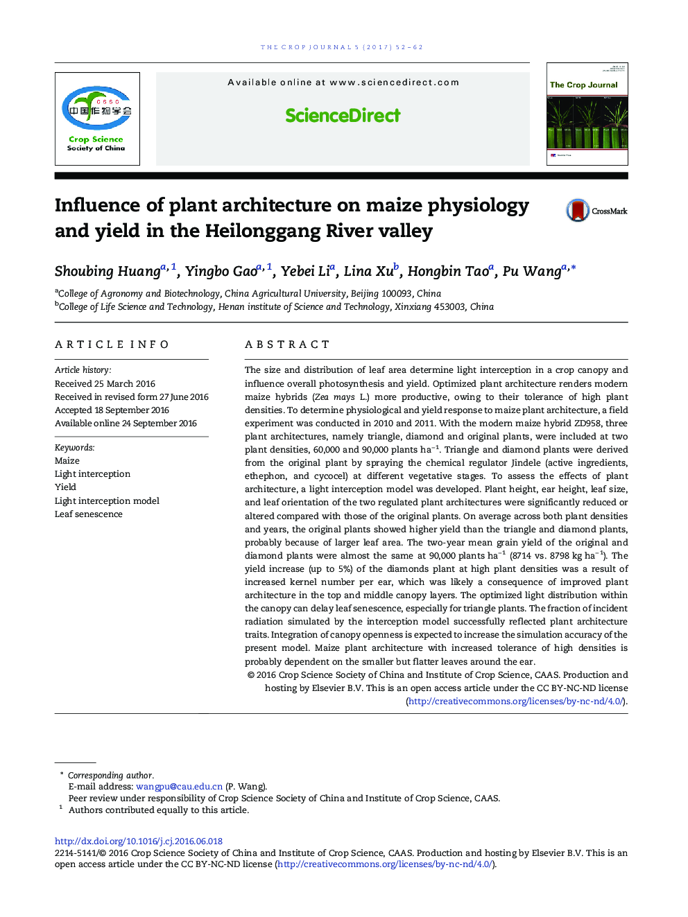 Influence of plant architecture on maize physiology and yield in the Heilonggang River valley