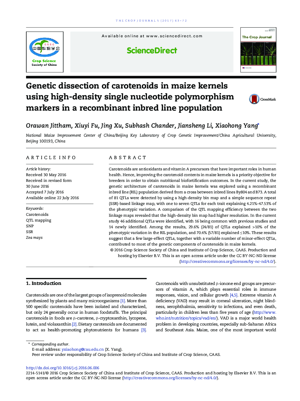 Genetic dissection of carotenoids in maize kernels using high-density single nucleotide polymorphism markers in a recombinant inbred line population