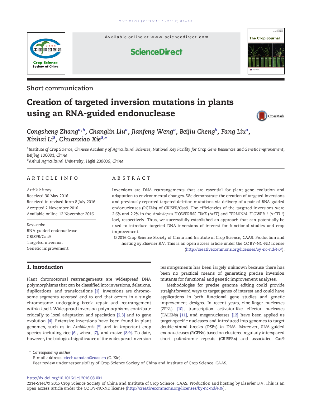 Creation of targeted inversion mutations in plants using an RNA-guided endonuclease