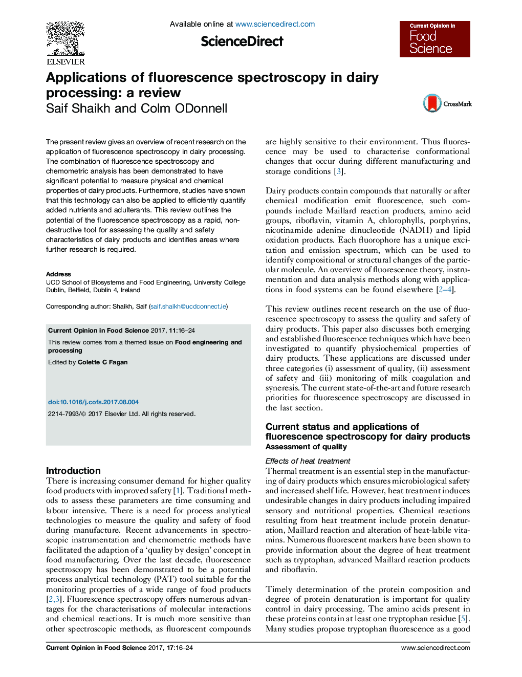 Applications of fluorescence spectroscopy in dairy processing: a review