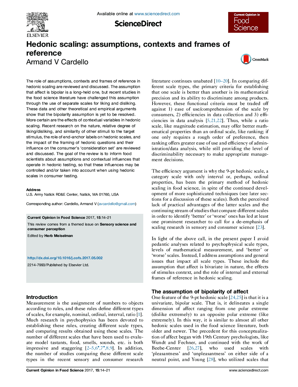 Hedonic scaling: assumptions, contexts and frames of reference