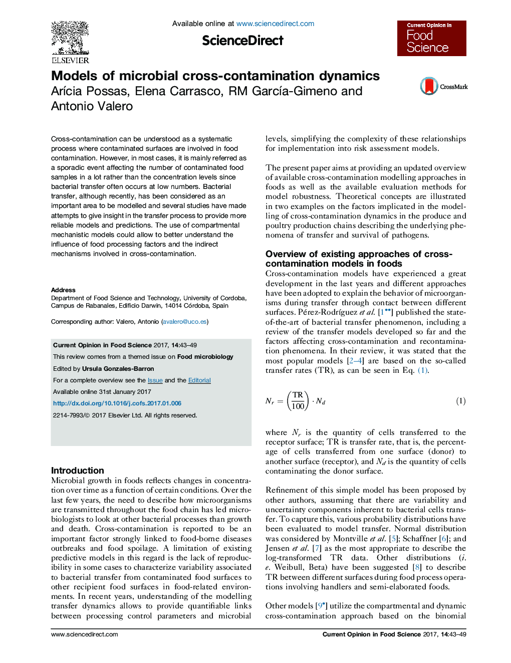 Models of microbial cross-contamination dynamics