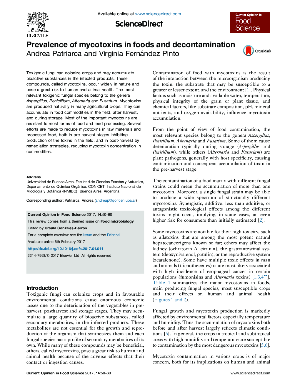 Prevalence of mycotoxins in foods and decontamination