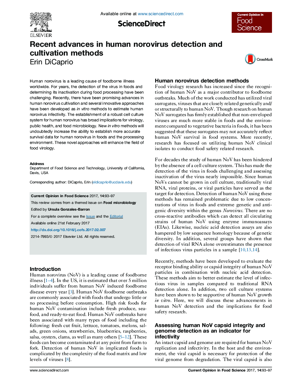 Recent advances in human norovirus detection and cultivation methods