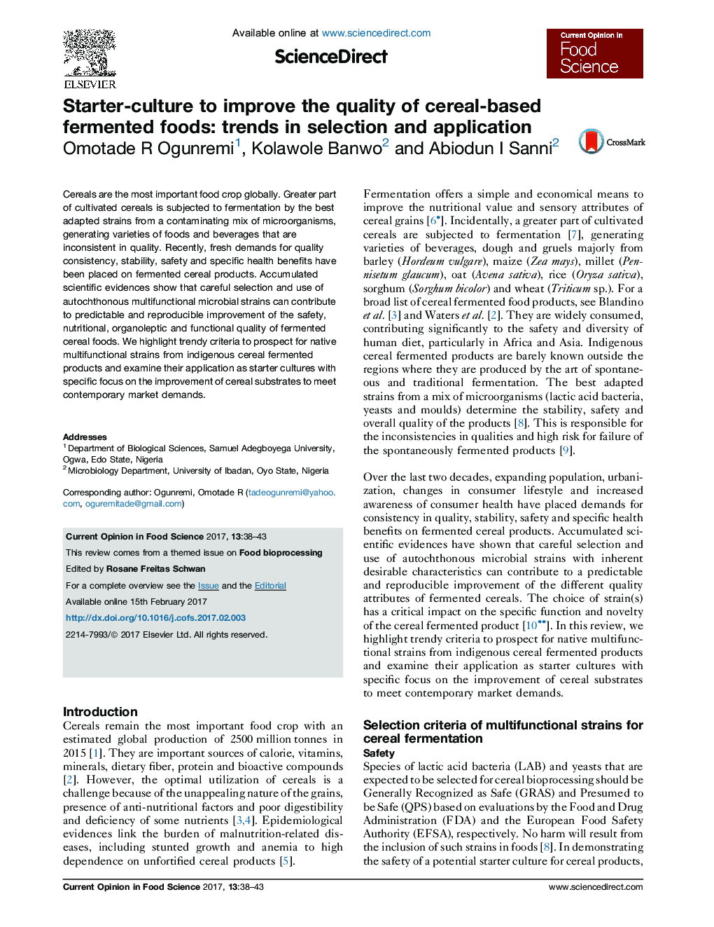 Starter-culture to improve the quality of cereal-based fermented foods: trends in selection and application