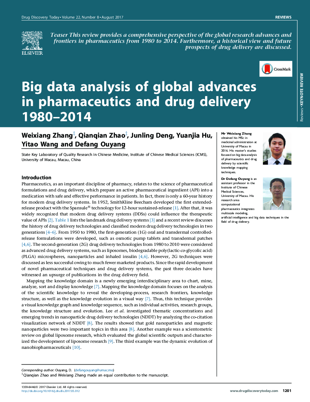 ReviewKeynoteBig data analysis of global advances in pharmaceutics and drug delivery 1980-2014