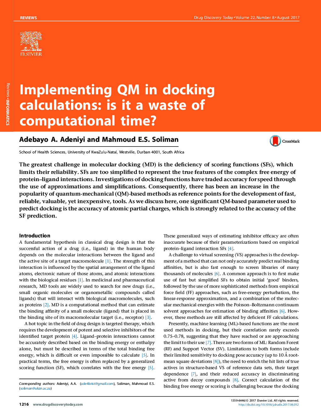 ReviewInformaticsImplementing QM in docking calculations: is it a waste of computational time?