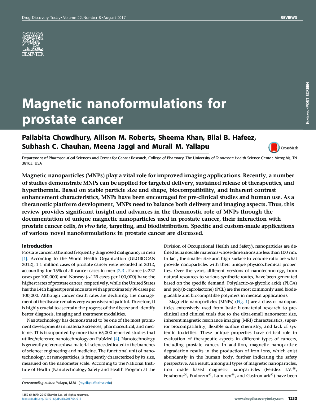 ReviewPost screenMagnetic nanoformulations for prostate cancer