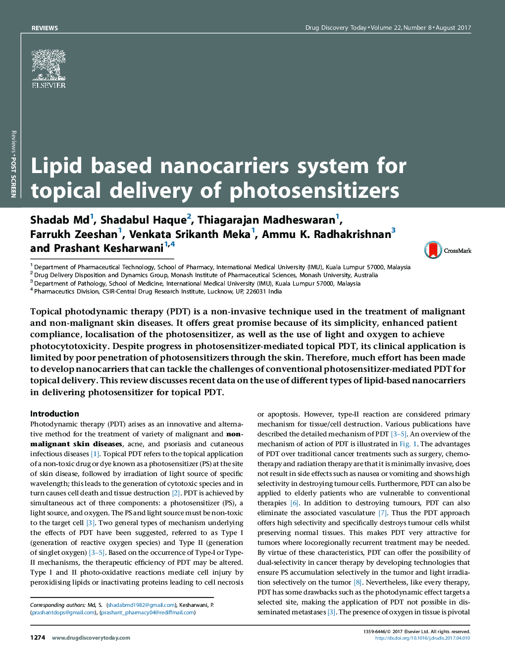 ReviewPost screenLipid based nanocarriers system for topical delivery of photosensitizers
