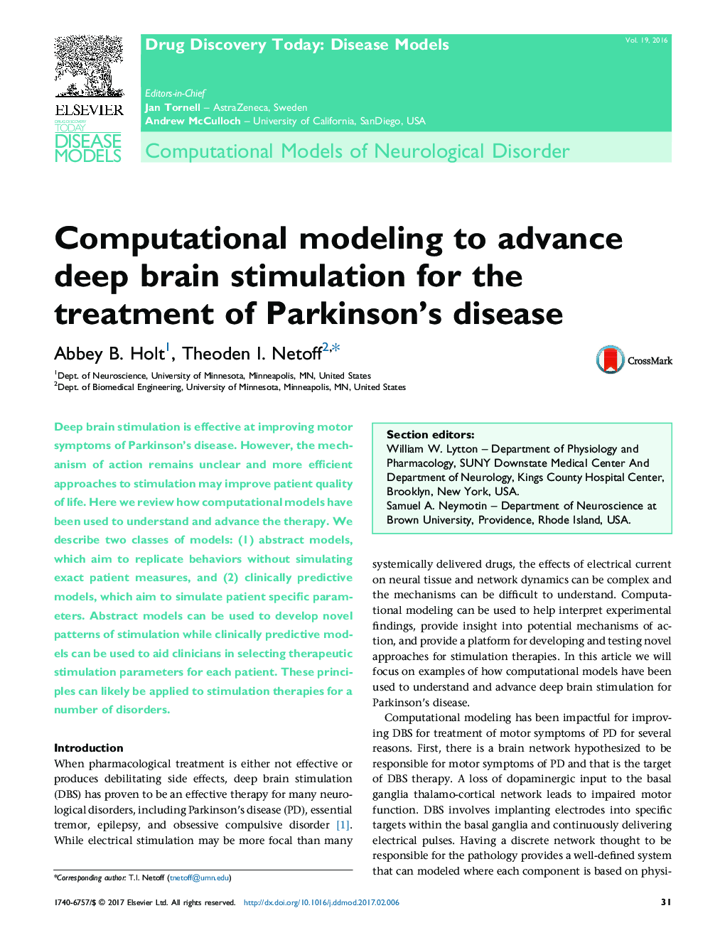 Computational Models of Neurological DisorderComputational modeling to advance deep brain stimulation for the treatment of Parkinson's disease