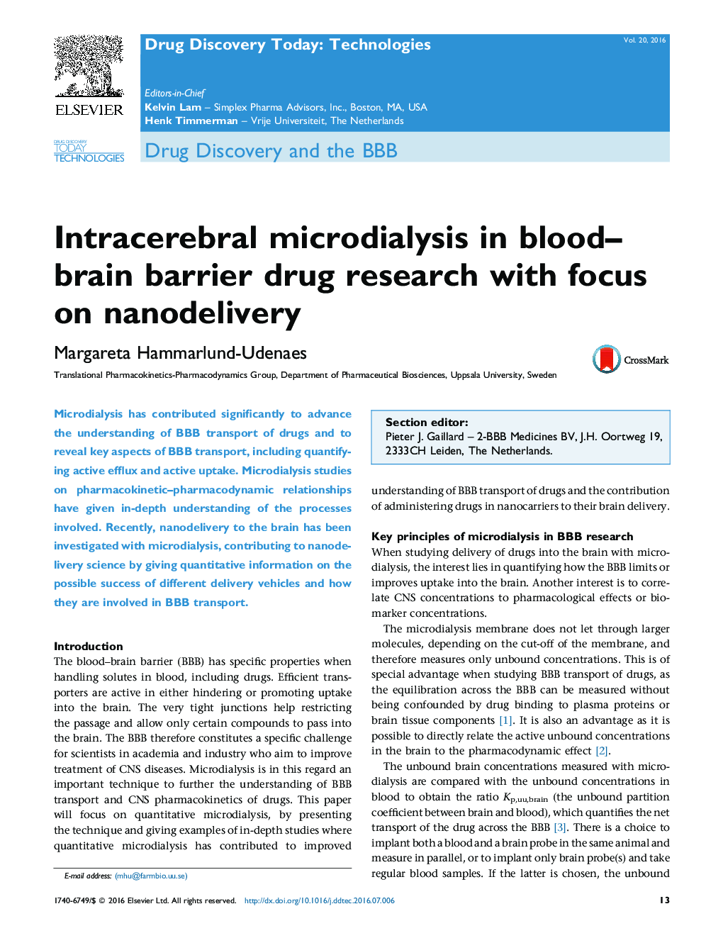 Drug Discovery and the BBBIntracerebral microdialysis in blood-brain barrier drug research with focus on nanodelivery
