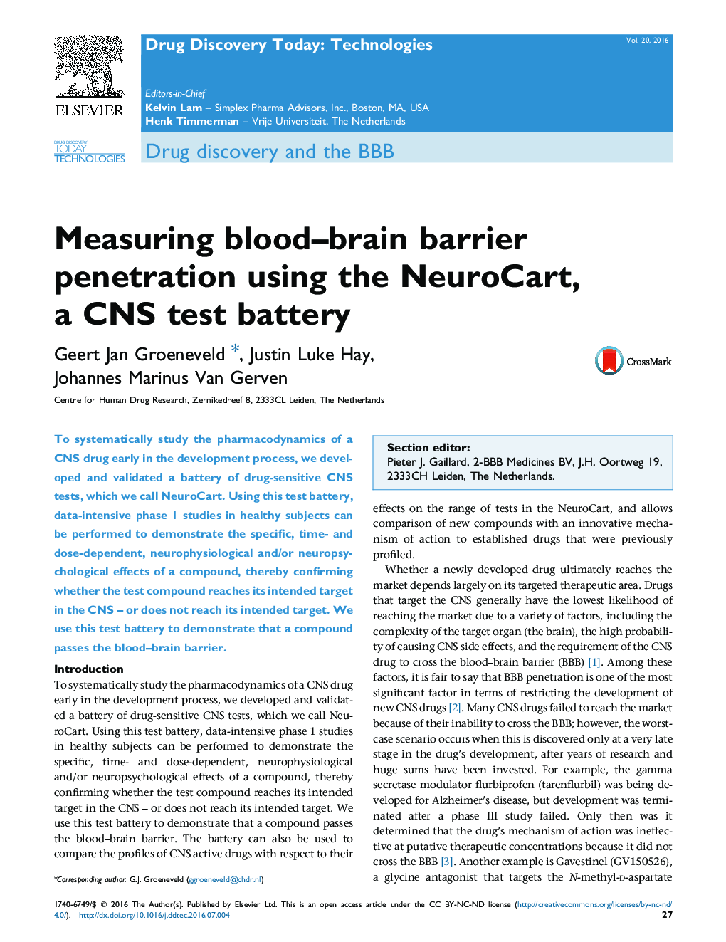 Measuring blood-brain barrier penetration using the NeuroCart, a CNS test battery