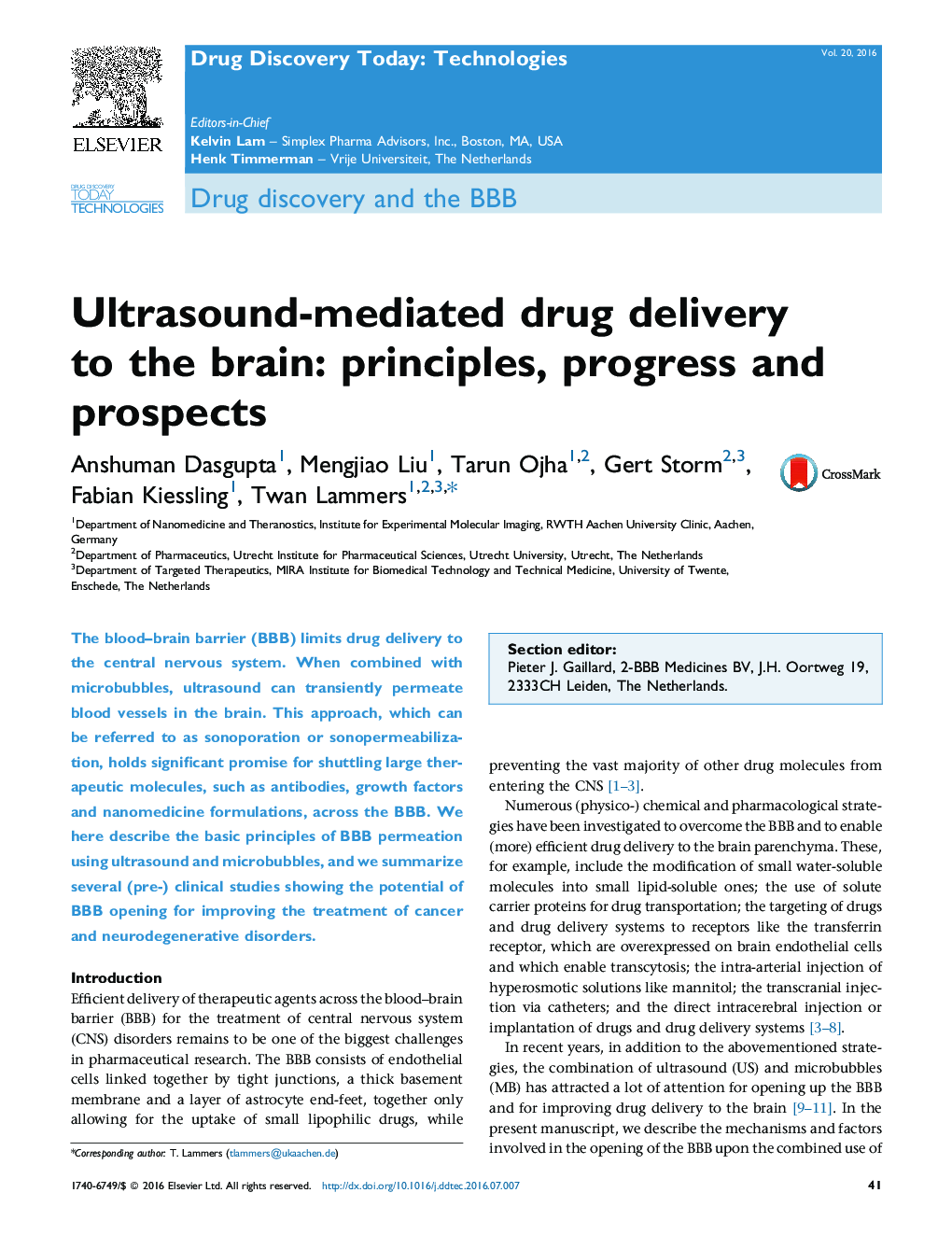 Drug discovery and the BBBUltrasound-mediated drug delivery to the brain: principles, progress and prospects