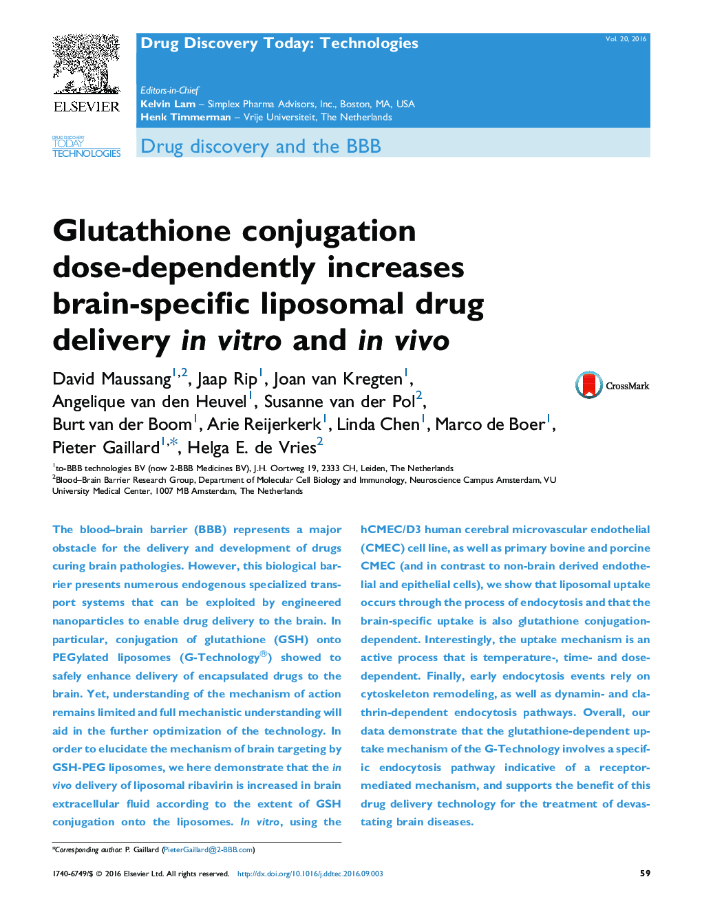 Drug discovery and the BBBGlutathione conjugation dose-dependently increases brain-specific liposomal drug delivery in vitro and in vivo