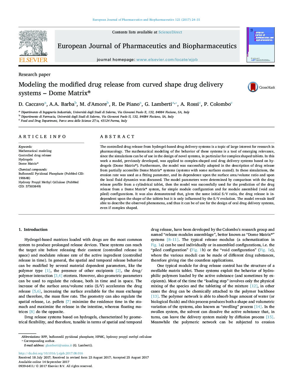 Research paperModeling the modified drug release from curved shape drug delivery systems - Dome Matrix®