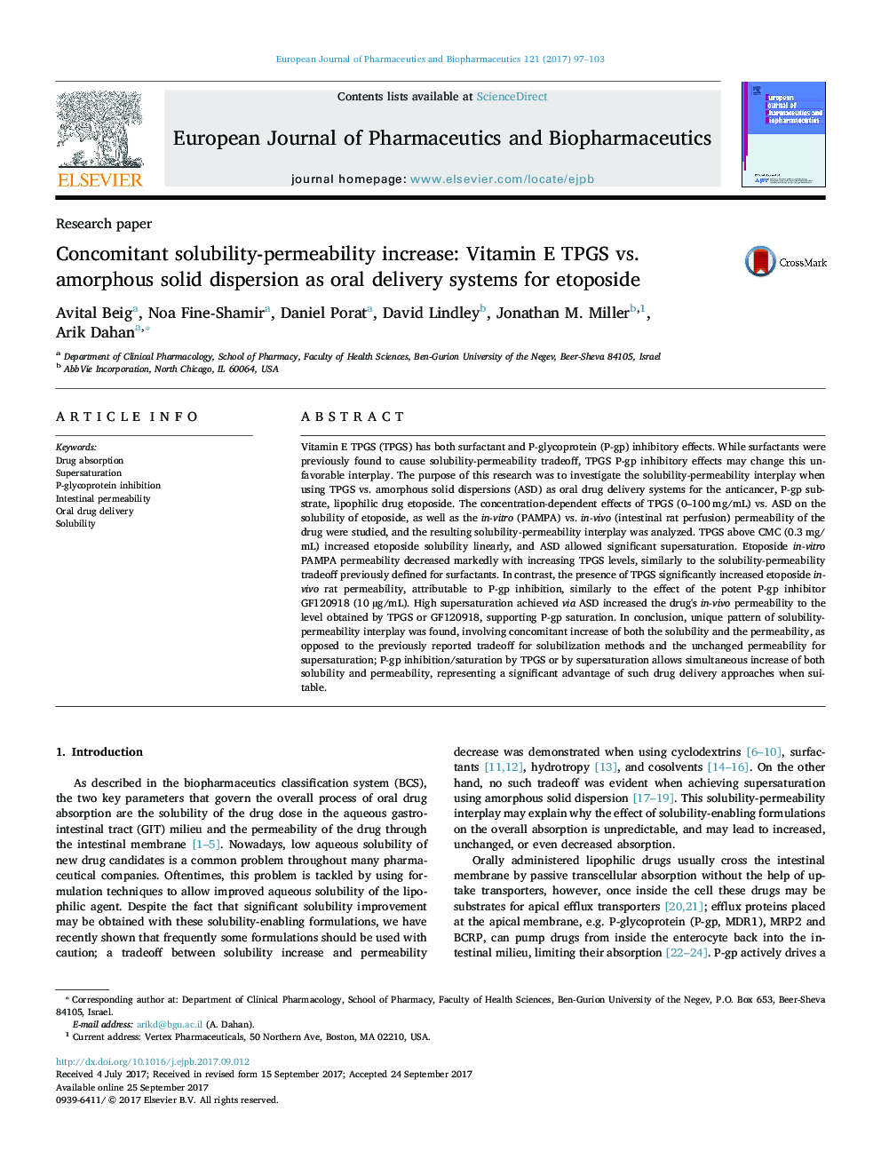 Research paperConcomitant solubility-permeability increase: Vitamin E TPGS vs. amorphous solid dispersion as oral delivery systems for etoposide