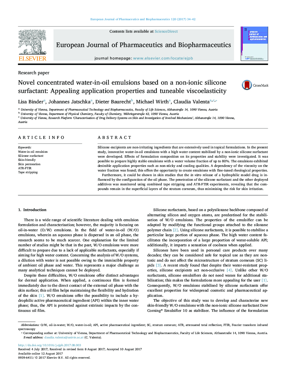 Research paperNovel concentrated water-in-oil emulsions based on a non-ionic silicone surfactant: Appealing application properties and tuneable viscoelasticity