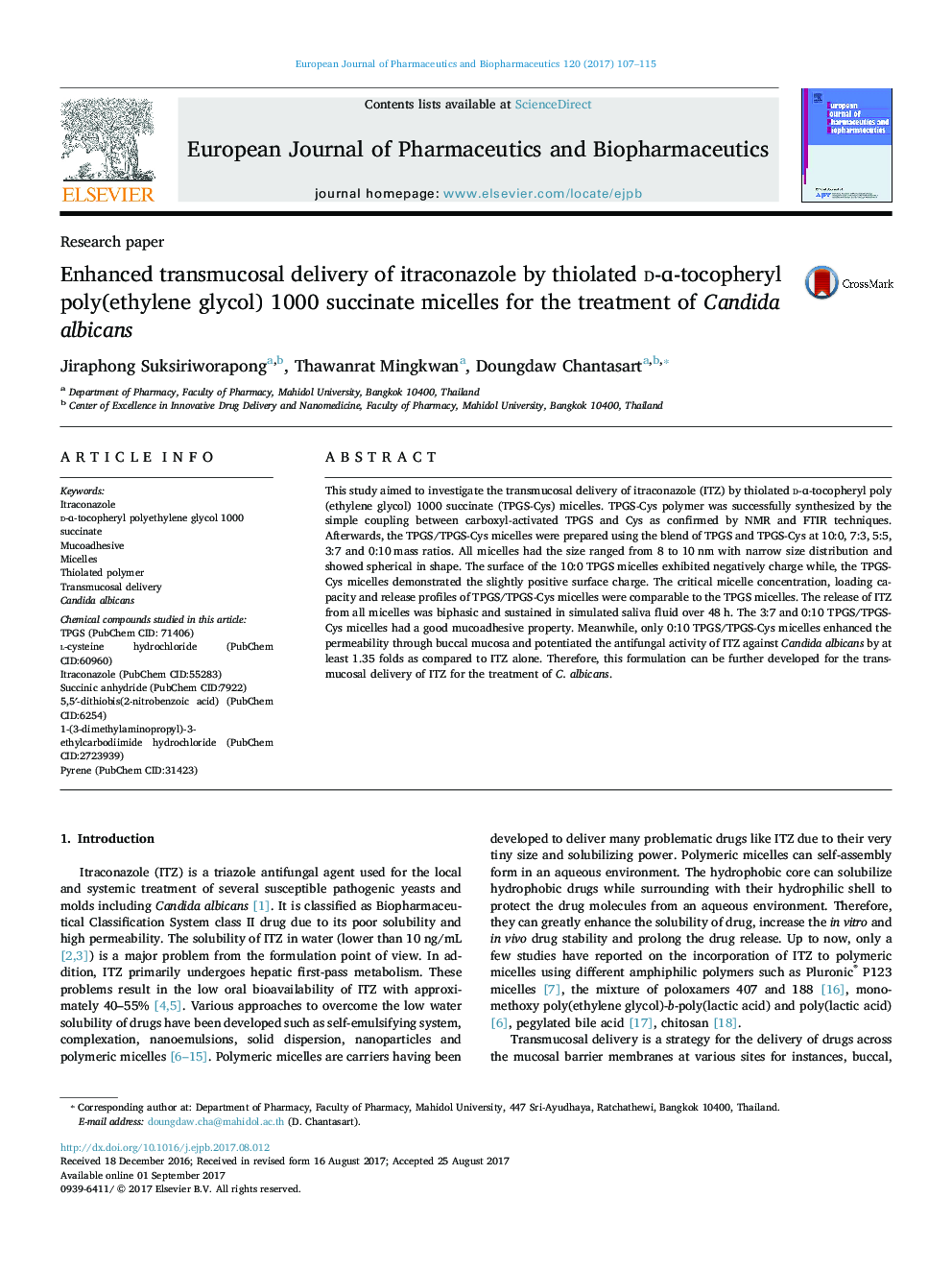 Research paperEnhanced transmucosal delivery of itraconazole by thiolated d-É-tocopheryl poly(ethylene glycol) 1000 succinate micelles for the treatment of Candida albicans