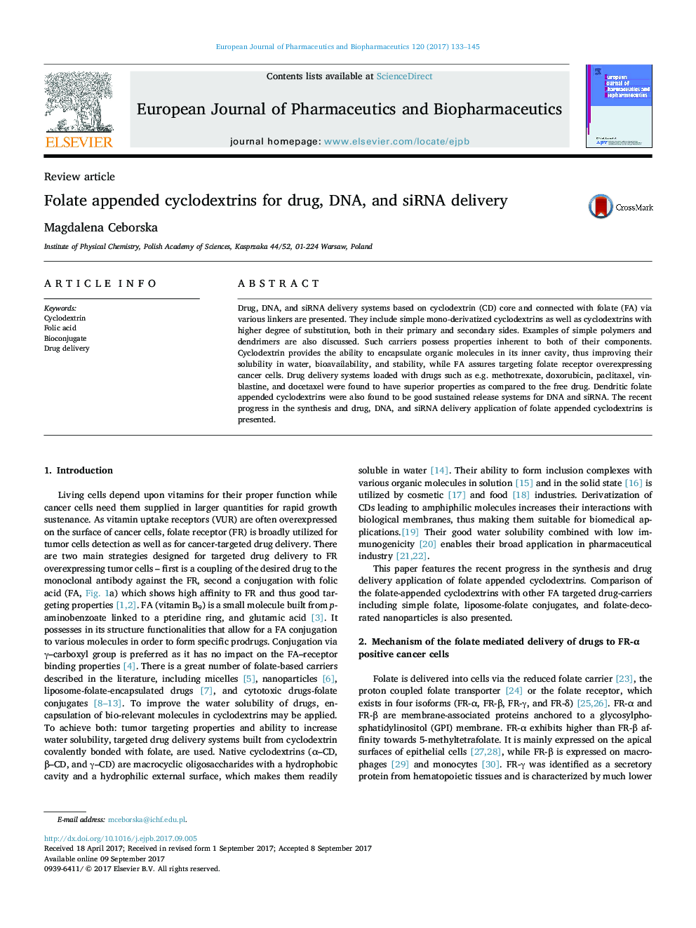 Review articleFolate appended cyclodextrins for drug, DNA, and siRNA delivery