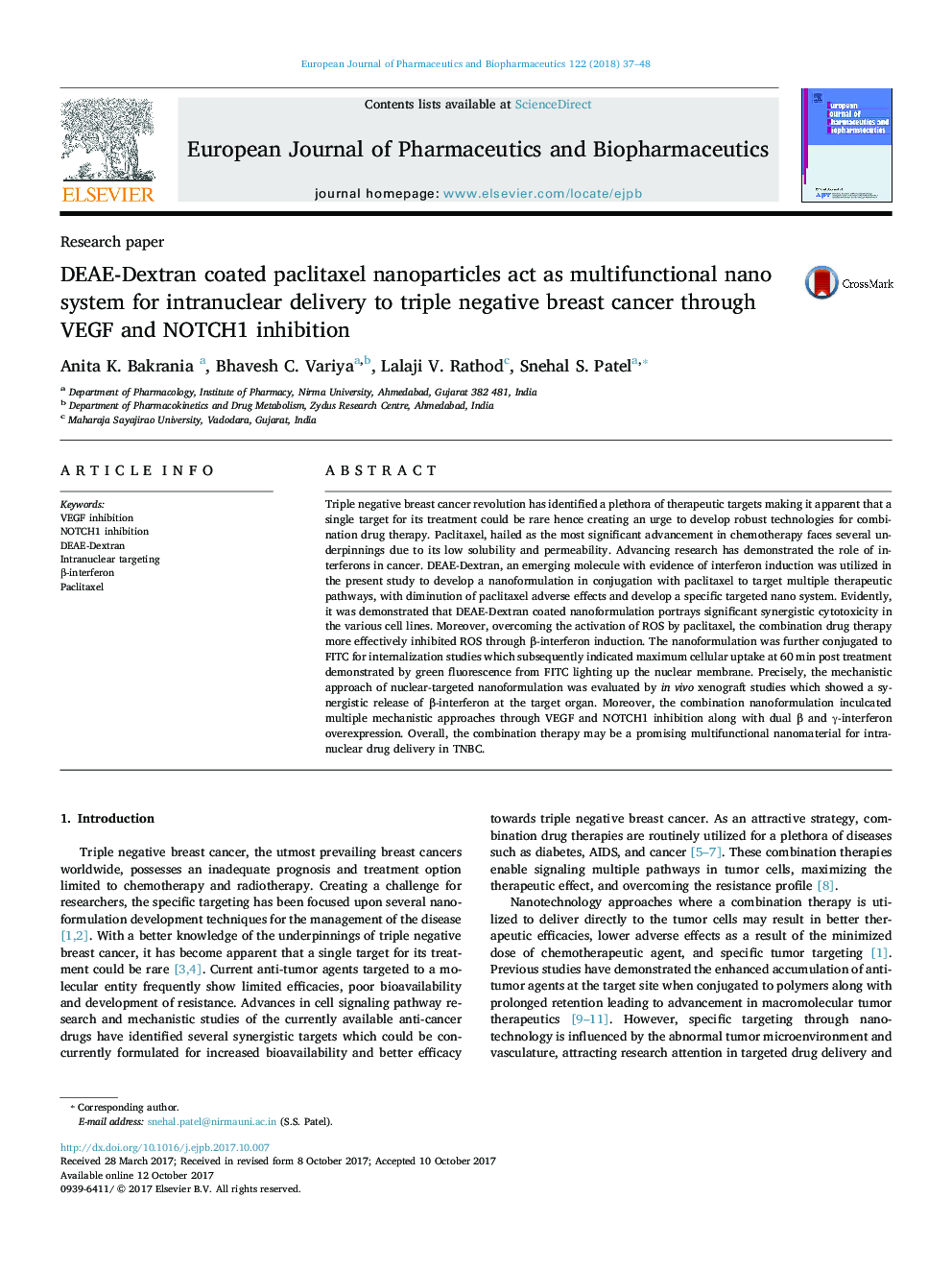 Research paperDEAE-Dextran coated paclitaxel nanoparticles act as multifunctional nano system for intranuclear delivery to triple negative breast cancer through VEGF and NOTCH1 inhibition