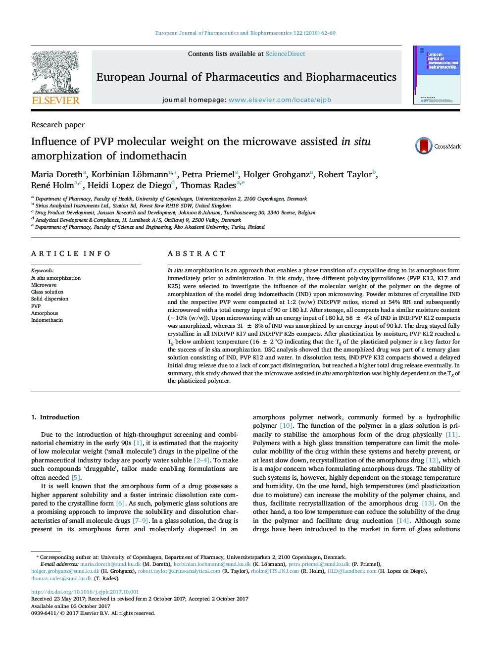 Research paperInfluence of PVP molecular weight on the microwave assisted in situ amorphization of indomethacin